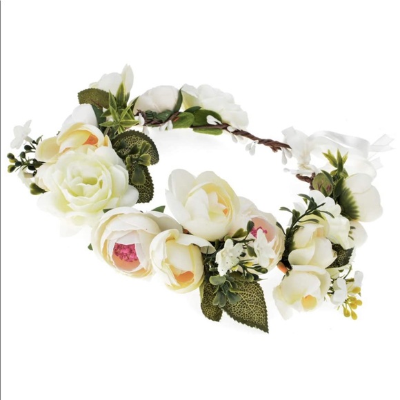 Floral Crown Wreath Headband w/ Adjustable Ribbon - Picture 2 of 2